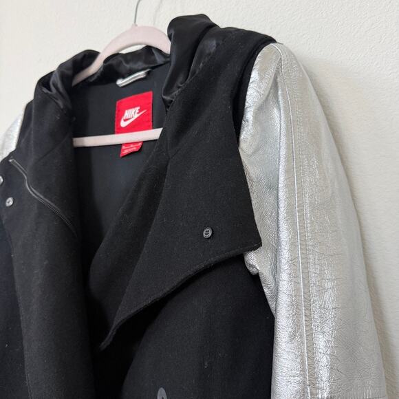 NIKE Wool Leather Sleeve Moto Jacket Black Silver Hooded Medium Women Streetwear - Picture 2 of 7